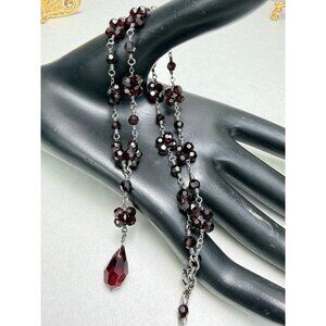 Lori Lori Garnet Crystal Lariat Necklace Adjustable Silver Tone Vintage